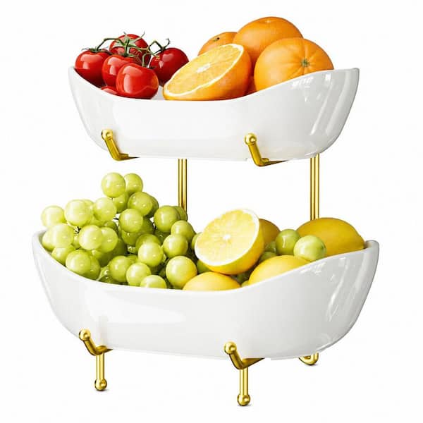 Piece Dishwasher Safe Fruit Bowls Set, 2-Tier White Ceramic Fruit Bowl with Gold Metal Stand for Countertop