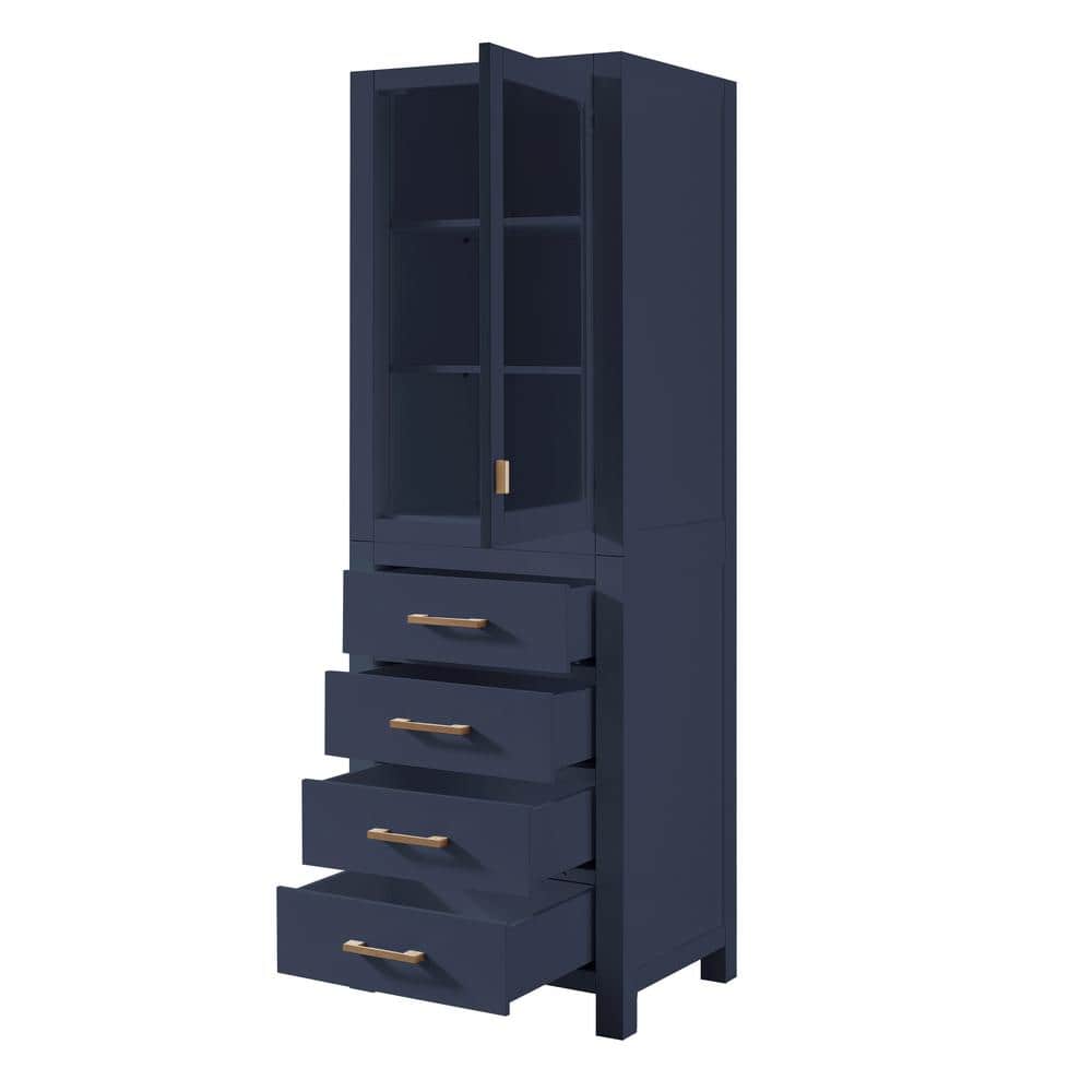 Navy Blue Poplar Wood Freestanding Bathroom Linen Cabinet with Adjustable Shelving