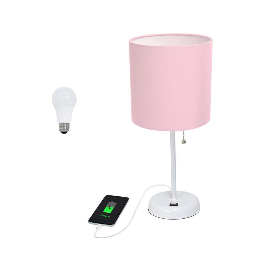 Creekwood home 19.5 in. Contemporary Bedside USB Port Base Standard Metal Table Desk Lamp in White, Pink Shade, with LED Bulb