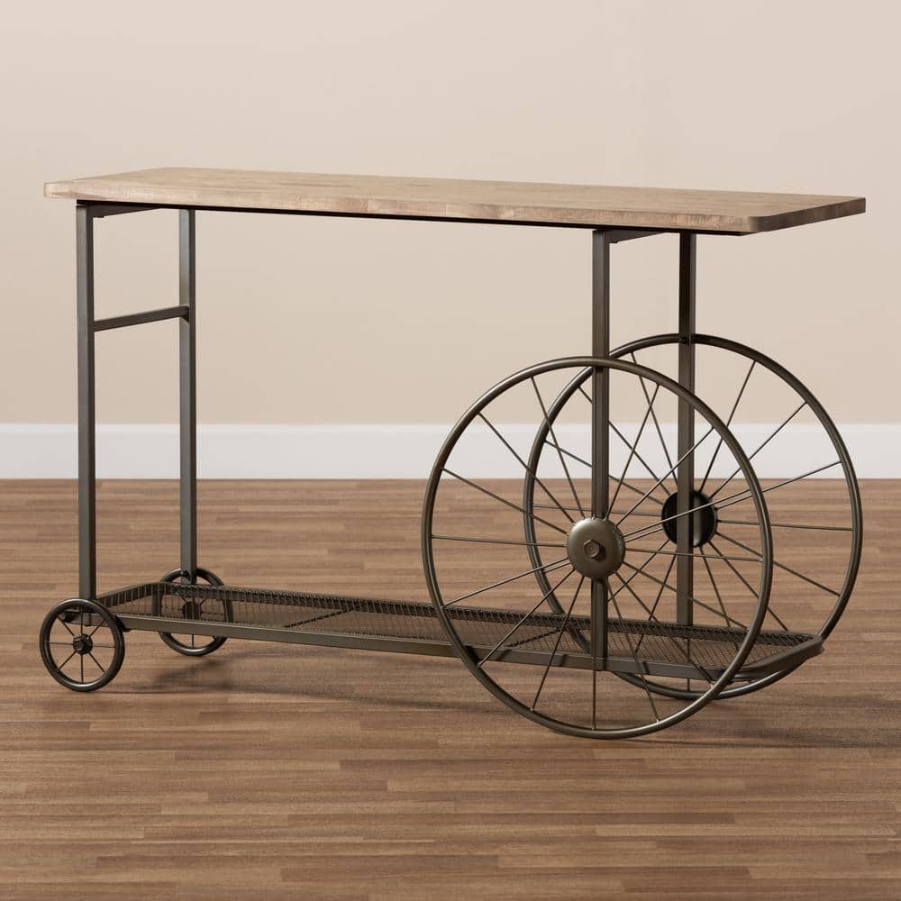 Terence 48.6" Natural Wood and Black Metal Wheeled Console Table