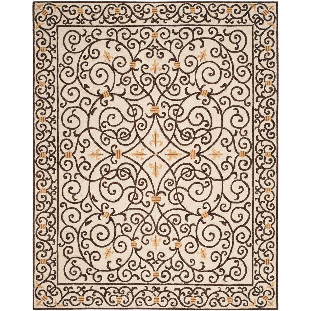 SAFAVIEH Chelsea Ivory/Dark Brown 8 ft. x 10 ft. Border Area Rug 100% pure virgin wool pile, hand-hooked to a durable cotton backing. American Country and turn-of-the-century European designs. This collection is handmade in China exclusively for Safavieh. This is a great addition to your home whether in the country side or busy city. Color: Ivory/Dark Brown.
