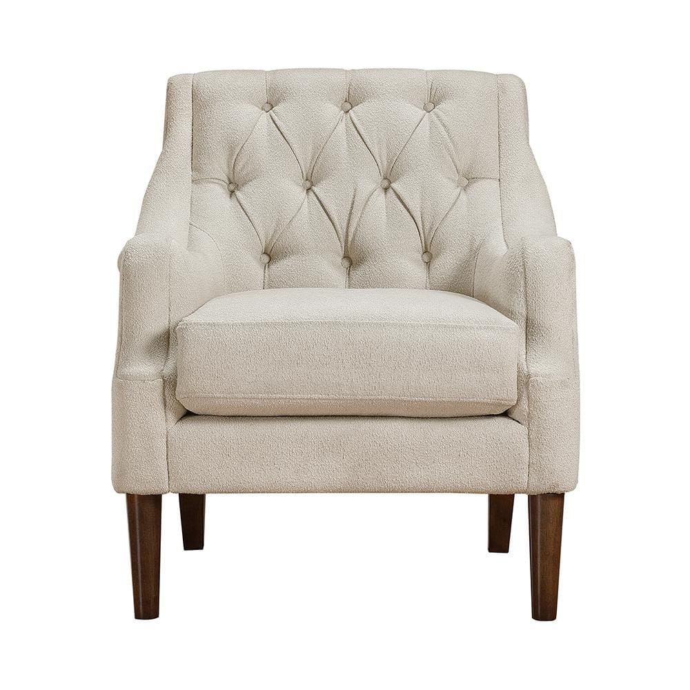 Beige Boucle Fabric Accent Chair with Dark Brown Wood Legs