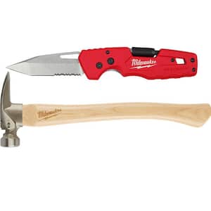 FASTBACK 3 in. 5-in-1 Folding Knife and Wood Milled Face Hickory Framing Hammer (2-Piece)