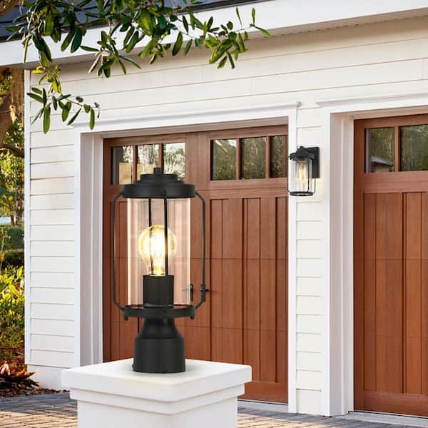 1-Light Black Metal Modern Outdoor Weather Resistant Pier Mount Light Post Lantern with LED