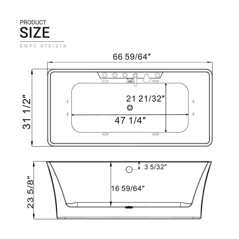67'' White Acrylic Freestanding Whirlpool Bathtub with Jets
