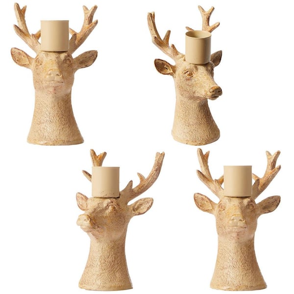 Set of 4 Rustic Brown Resin Reindeer Candle Holders-Taper Candlesticks for Christmas Table, and Holiday Decor