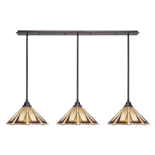 Unbranded Livingston 100-Watt 3 Light Dark Granite Linear Pendant Light with 16 in. Zion Art Glass Glass Shades No Bulbs Included