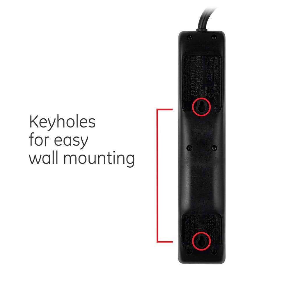Black 6-Outlet Surge Protector with 4ft Cord