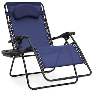 Oversized Zero Gravity Folding Reclining Navy Blue Fabric Outdoor Lawn Chair w/Cup Holder