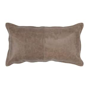 Norm Taupe Brown Solid Stitched Leather Cotton Decorative Lumbar 14 in. x 26 in. Throw Pillow
