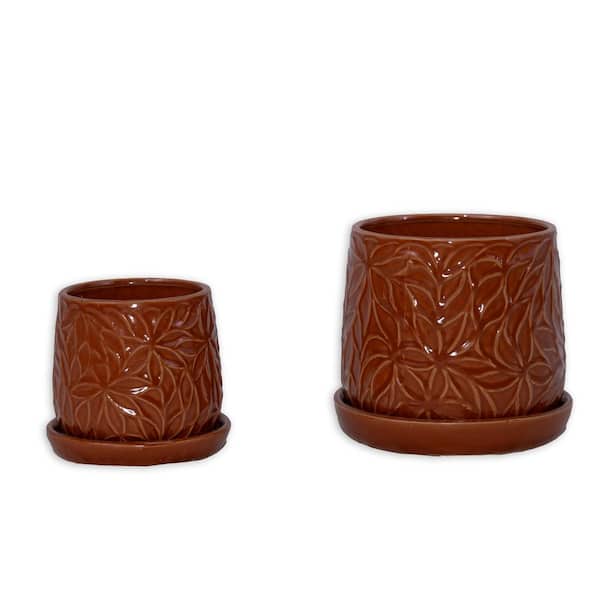 Olivia 5.31 in. and 7.09 in. Tall Red Round Ceramic Patio Outdoor Planter Set (2-Pack)