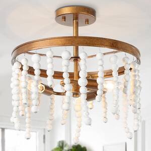 3-Light Antique Gold Round Semi-Flush Mount Light with Wooden Beads