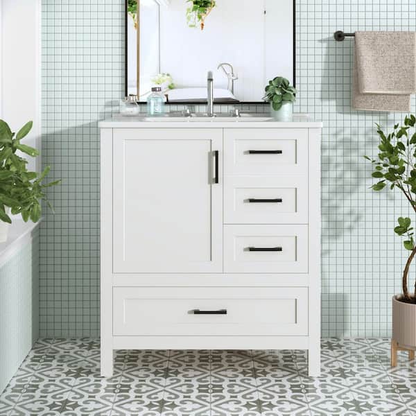 30 in. W Single Sink Freestanding White Bath Vanity with White Ceramic Top Removable Tray (Unassembled)