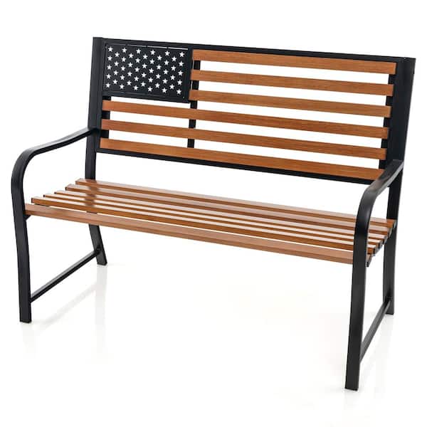 HONEY JOY 50 in. 2-Person Metal Outdoor Garden Bench Chair with Flag Pattern Backrest and Rustic Wood Grain Finish
