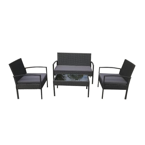 Unbranded Black 4-Piece Patio Rattan Conversation Chair Set with Gray Cushions