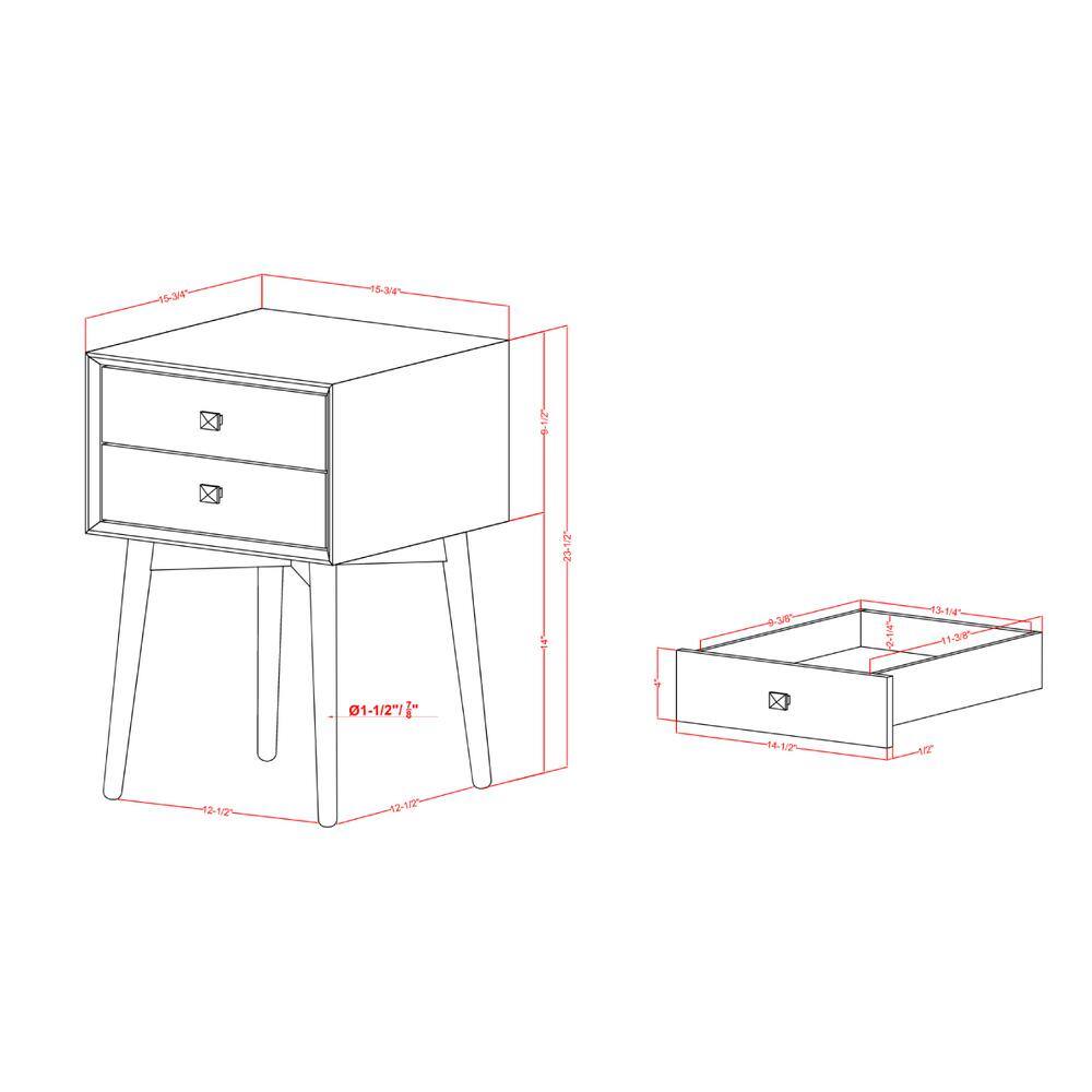 Gray Mid-Century Modern 2-Drawer Rubberwood Nightstand