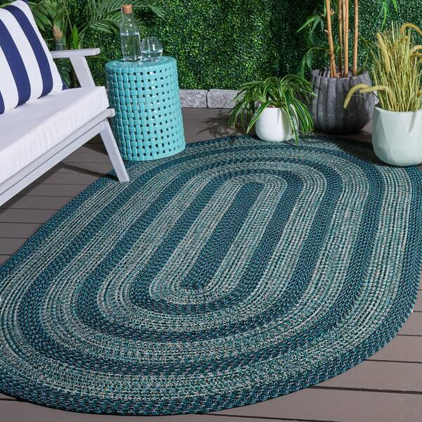 Braided 4 x 6 Blue/Green Basket Weave Washable Oval Rug