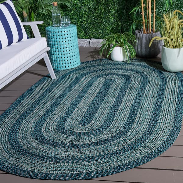 Braided 6 ft. x 8 ft. Oval Blue/Green Two-Tone Border Washable Indoor/Outdoor Area Rug