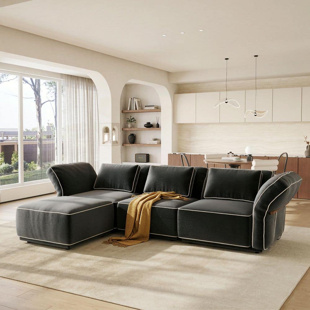 Camelot 129 in. Oversized Deep Seat Pillow Top Arm Fabric Modular Sectional Sofa with Washable Cover, Ottoman in Black