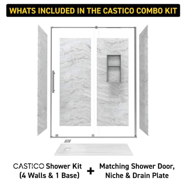 32 x 60x84 in. Solid Composite Stone Alcove Shower Insert Wall and Base Combo Kit,Nickel Door,Niche and Drain-Reversible