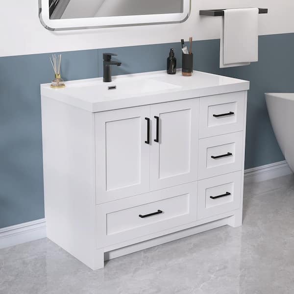 42 in. Solid Wood Left Single Sink Freestanding Bath Vanity Cabinet in White with White Solid Surface Top and Sink