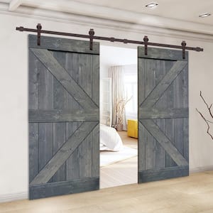 Distressed K Series 72 in. x 84 in. Gray Solid Knotty Pine Wood Double Interior Sliding Barn Door with Hardware Kit