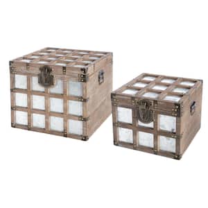 Wooden Square Galvanized Metal Lined Storage Trunk, (Set of 2)
