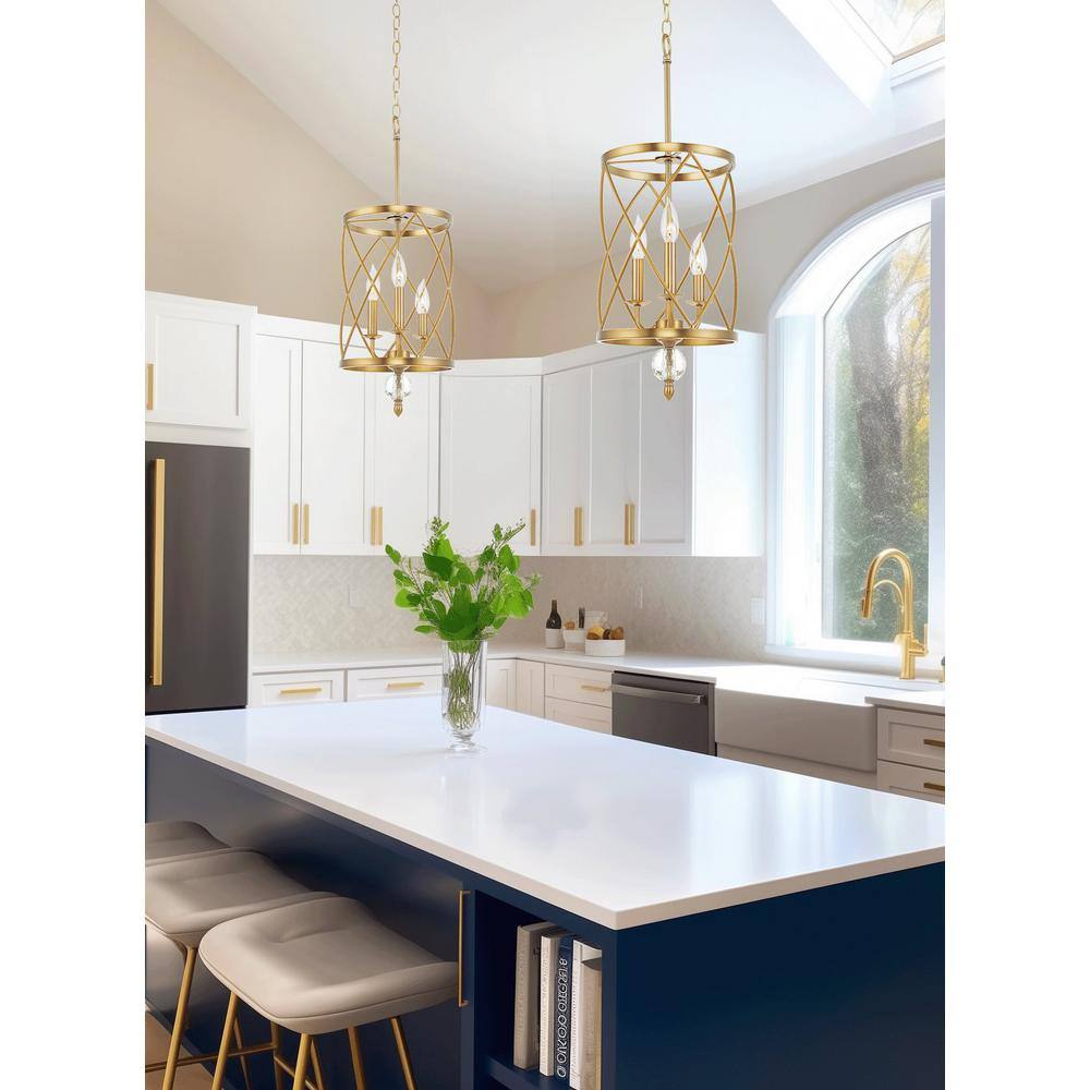 Eleanor Warm Brass 3-Light Cylinder Lantern Chandelier with Faceted Glass Accent