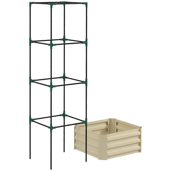 Siavonce Galvanized Raised Garden Bed, Outdoor Planter Steel Box with Trellis Tomato Cage and Open Bottom Climbing Vines, Cream