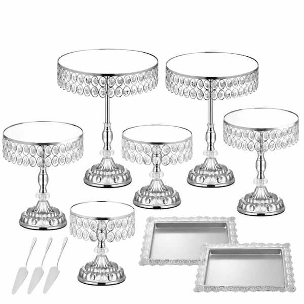 12-Piece Silver Metal Cake Stand Set with Crystal Edge Detail and Cupcake Display Trays Cake & Tiered Stands
