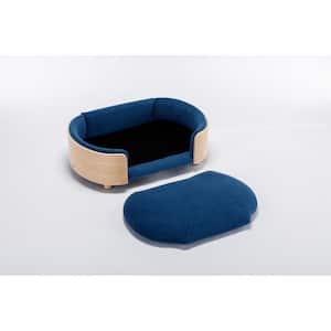 30.7 in. W Medium Dark Blue Elevated Dog Bed Pet Sofa With Solid Wood legs and Bent Wood Back Velvet Cushion