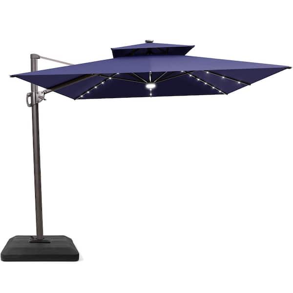 Crestlive Products 9 ft. x 11 ft. LED Rectangular Swivel Double Cantilever Tilt Patio Umbrella in Navy Blue with 220 lbs. Base