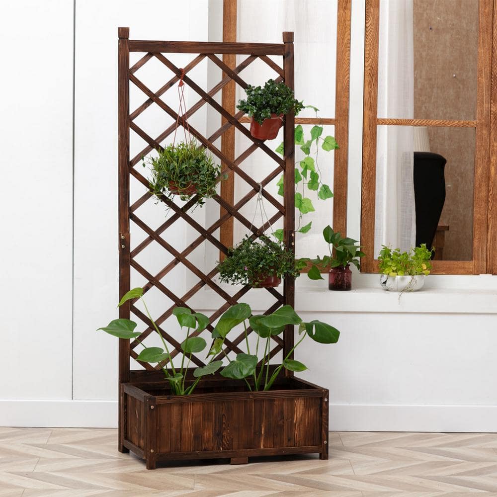 67 in. Brown Cedar Wood Raised Garden Bed with Trellis (2-Pack)