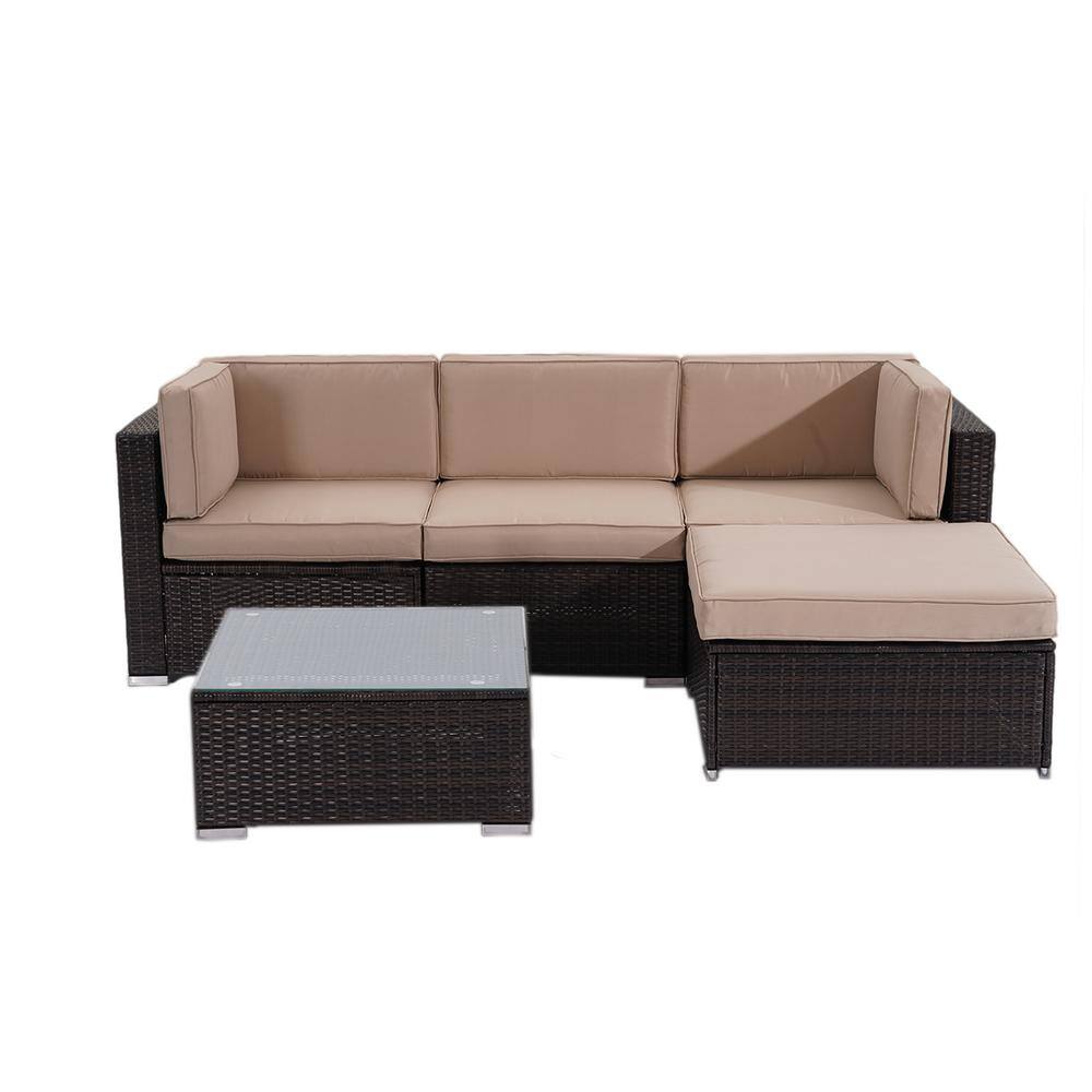 5-pieces PE Wicker Outdoor Sectional with Tan Cushions