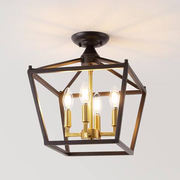 Jonathan Y Plains Mini Lantern 12 in. 4-Light Oil Rubbed Bronze Iron Modern Farmhouse LED Flush Mount