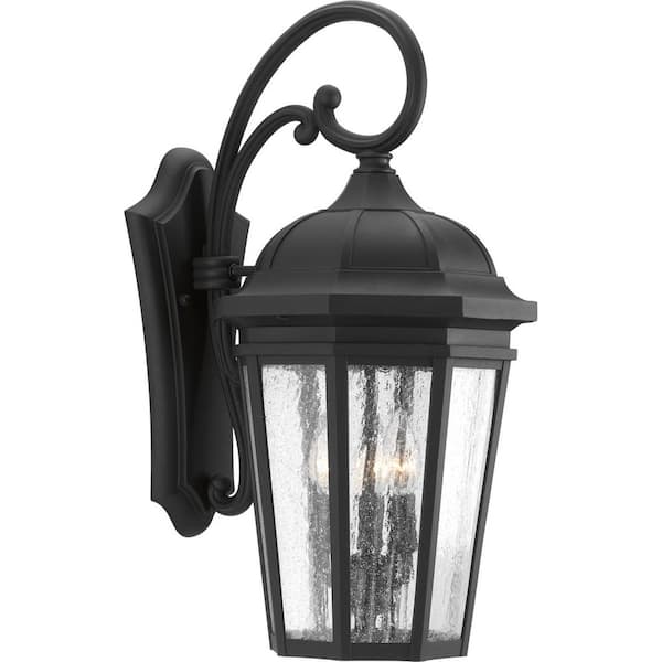Progress Lighting Verdae Collection 3-Light Textured Black Clear Seeded Glass New Traditional Outdoor Large Wall Lantern Light
