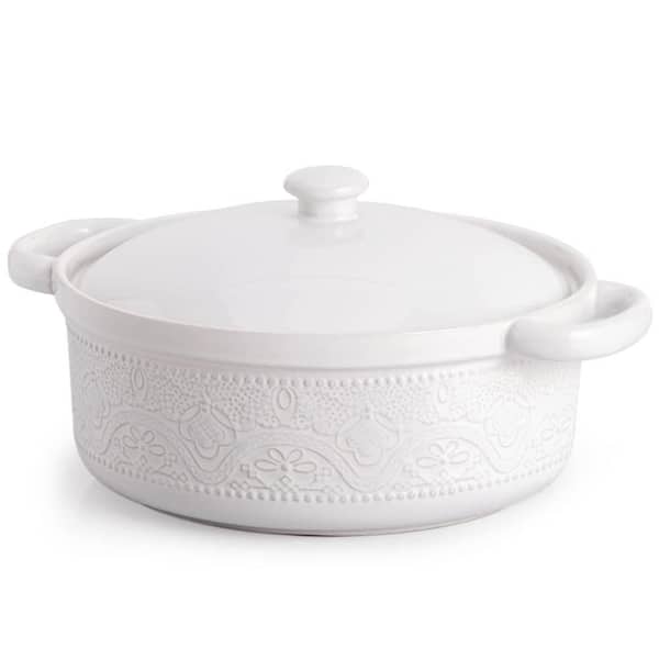2 Qt. Lace Emboss Casserole Dish with Lid, Ceramic Round Serving Dish with Handles for Dinner, White