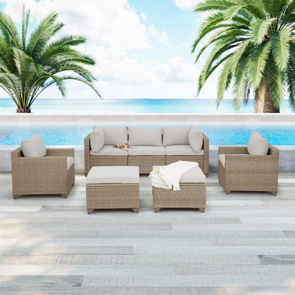 TK CLASSICS Maui 7-Piece Wicker Patio Conversation Set with Hazel Cushions
