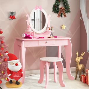 Kid Vanity Table Stool Set with Adjustable Mirror Storage Drawer Makeup Pink