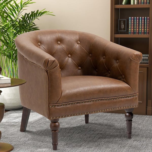 Uixe Mid-Century Modern Brown PU Leather Accent Chair, Upholstered Arm Chair