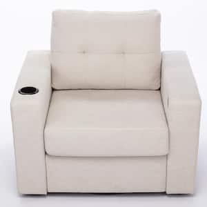 White Linen Swivel Accent Armchair with USB Port Ergonomic Casual 90-Degree Swivel Single Sofa Seat with Drink Holder