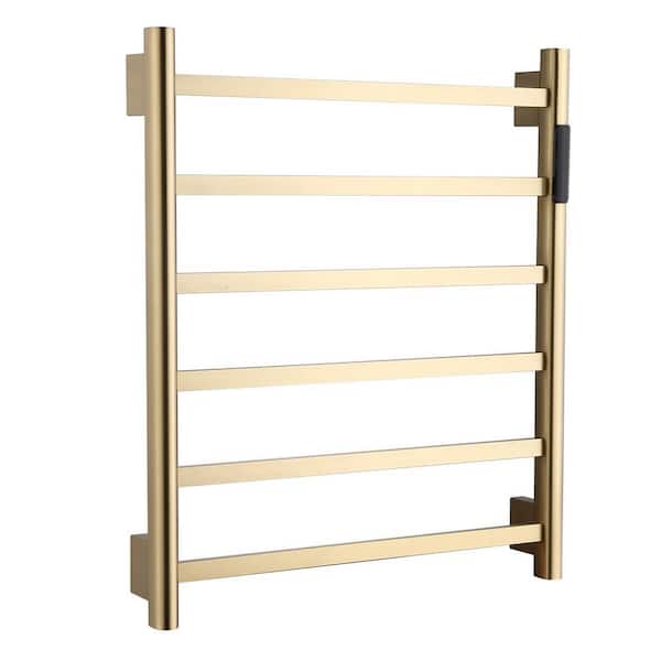 Zeus & Ruta 6-Bar Plug-In/Hardwired Wall Mounted Electric Towel Warmer Rack in Brushed Gold with Timer Waterproof
