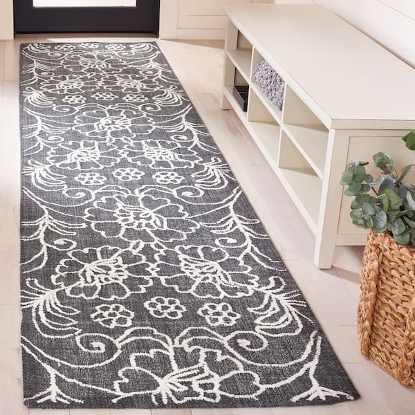 Marbella Black/Ivory 2 ft. x 9 ft. Floral Gradient Runner Rug