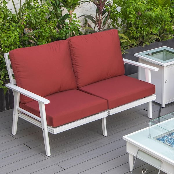 Leisuremod Walbrooke Patio Loveseat with White Aluminum Frame and Red Removable Cushions