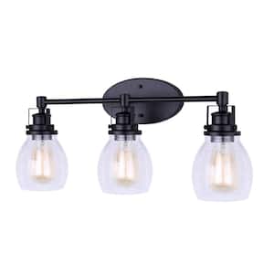 Carson 24 in. 3-Light Matte Black Vanity Light with Seeded Glass Shade