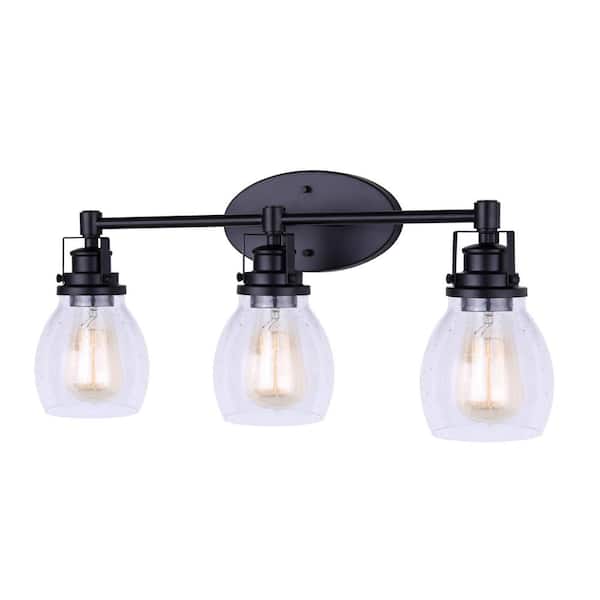 CANARM Carson 24 in. 3-Light Matte Black Vanity Light with Seeded Glass Shade