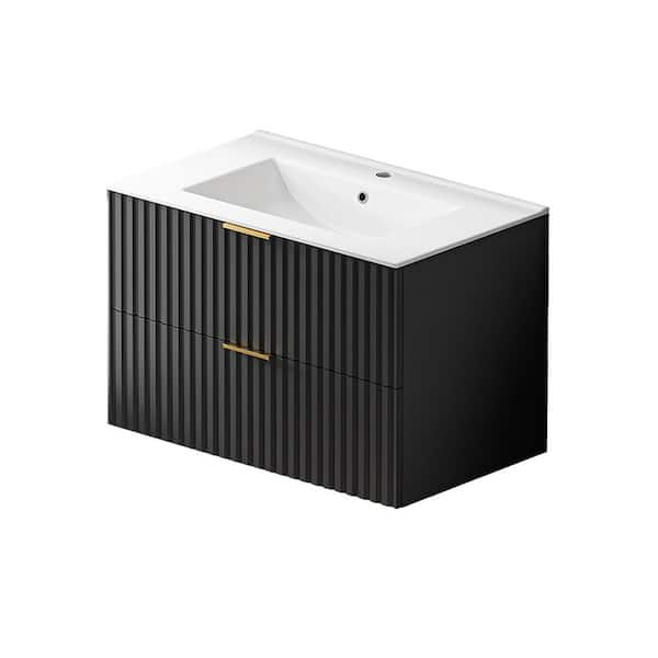 30 in. Floating Black Bath Vanity with White Ceramic Top Unassembled, Dual-Drawer Storage, Horizontal Stripe Design