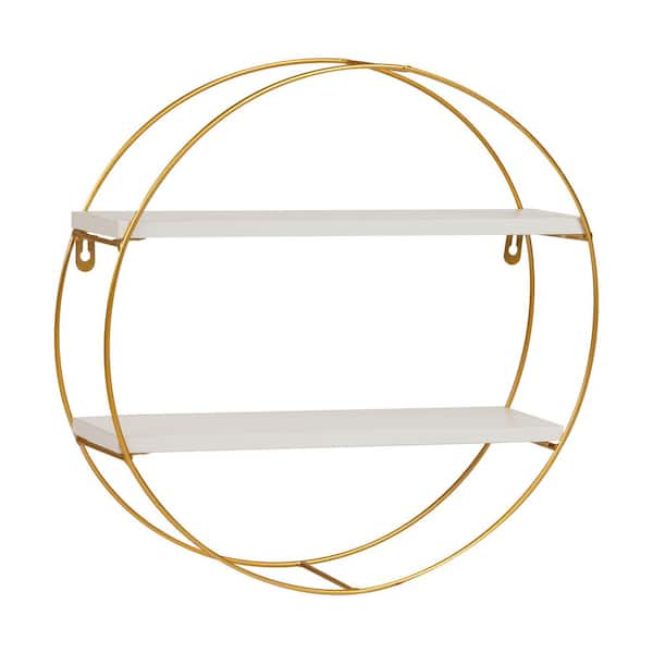 16 in. W x 3.8 in D White MDF Wall-Mounted Floating Round Decorative Wall Shelf, Gold Metal Frame