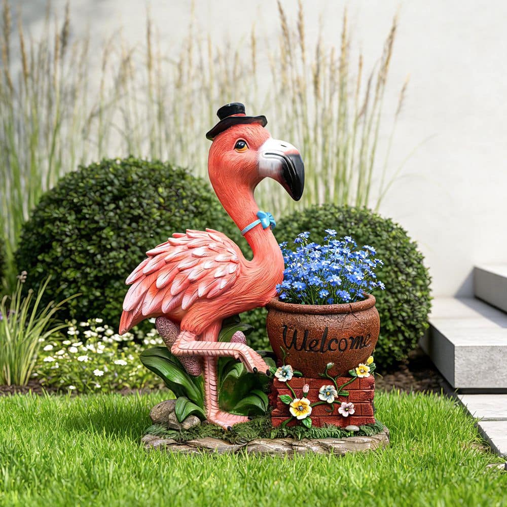Outdoor Pink Resin Flower Pot, Garden Sculpture Flamingo Flower