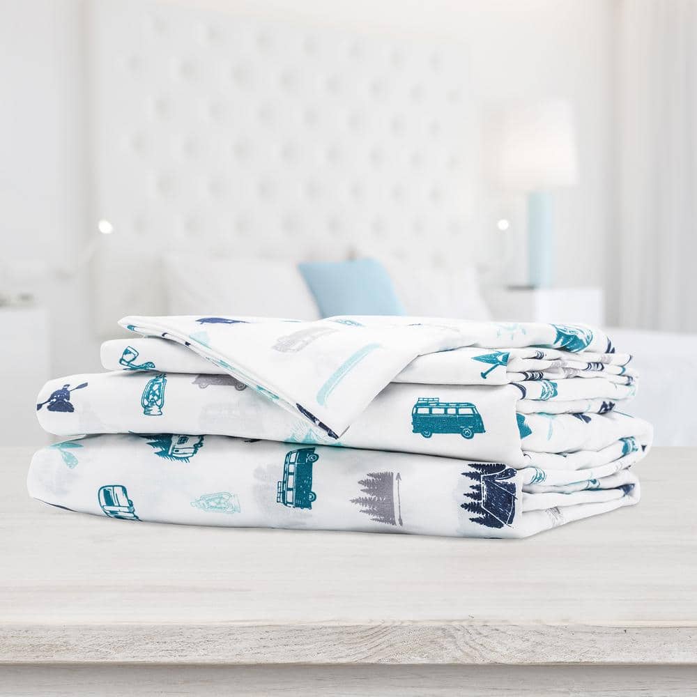 Twin White and Blue Microfiber Graphic Sheet Set